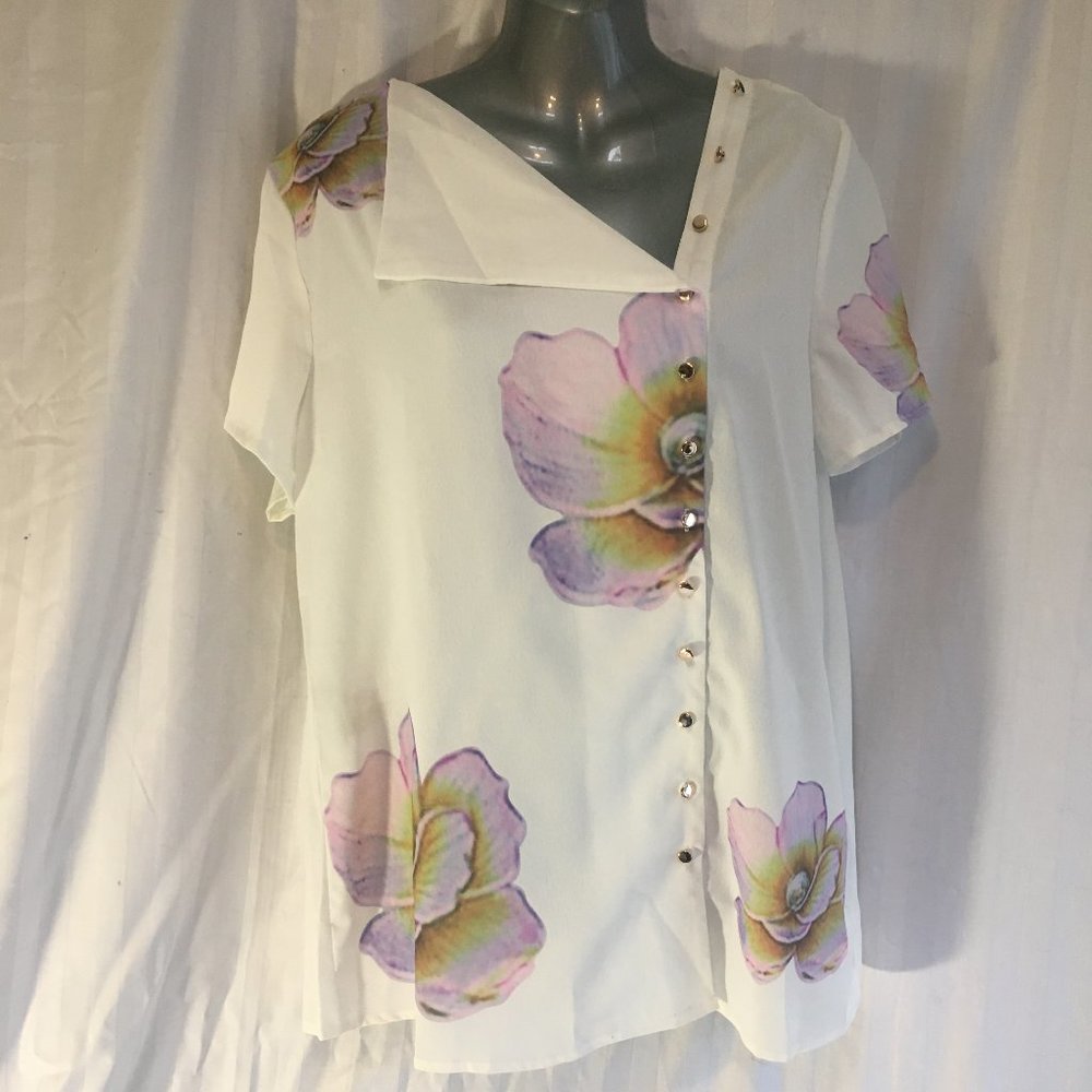 MissLook Womens Button Floral Print Light Blouse Top Sz Med White Floral Flower